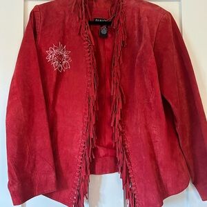 Dialogue Red Suede Blazer with Fringe and Embroidery